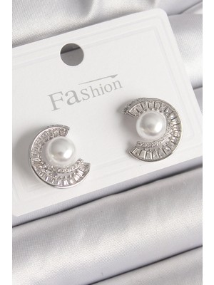 Krm Pirinç Gümüş Renk Zirkon Taşlı Salyangoz Model Inci Detay Kadın Küpe Krm