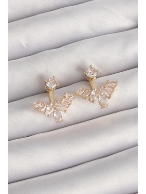 Krm Pirinç Gold Renk Zirkon Taşlı V Model Küpe Krm