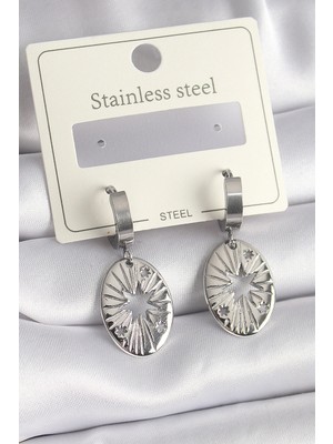 Krm 316L Çelik Gümüş Renk Kutup Yıldızı Işleme Kadın Küpe Krm