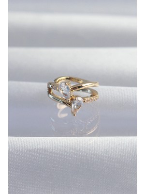 Krm Pirinç Gold Renk Zirkon Taşlı Damla Earcuff Küpe Krm