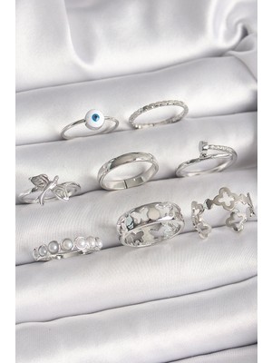 Krm Pirinç Gümüş Renk Nazar Boncuk Detay Incili Kelebek Işlemeli Kadın Yüzük Kombini Krm