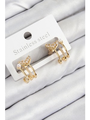 Krm Pirinç Zirkon Taşlı Inci Detaylı Balık Kuyruğu Model Gold Renk Kadın Küpe Krm