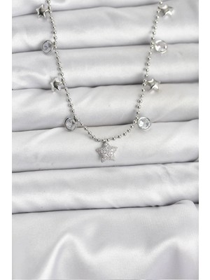 Krm Pirinç Gümüş Renk Yıldız Model Kadın Kolye Krm