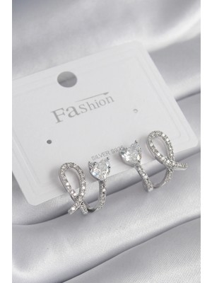 Krm Pirinç Gümüş Renk Kalp Model Zirkon Taşlı Kadın Küpe Krm