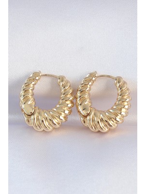 Krm Pirinç Gold Renk Tırtık Detay Bombeli Halka Küpe Krm