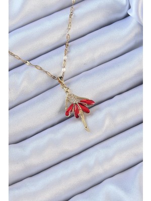 Krm 316L Çelik Zincir Altın Renk Kırmızı Etekli Zirkon Taşlı Balerin Kolye Krm