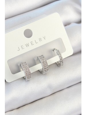 Krm Pirinç Zirkon Taşlı Halka Model Gümüş Renk 3'lü Çift Kadın Küpe Set Krm