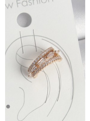 Krm Pirinç Gold Renk Zirkon Taşlı 3'lü Sıralı Model Kadın Kıkırdak Küpe Krm