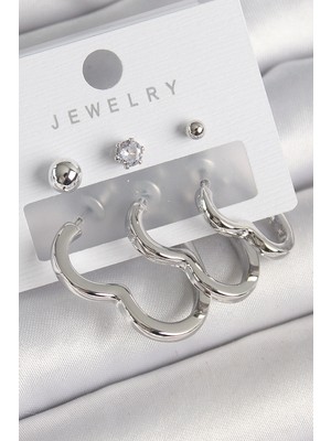 Krm Pirinç Gümüş Renk Kalp Model Zirkon Taş Topçuk Detay Kadın Küpe Seti Krm