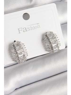 Krm Pirinç Gümüş Renk Zirkon Taşlı Kaplumbağa Kabuğu Model Kadın Küpe Krm