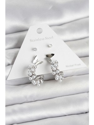 Uravas Store Pirinç Gümüş Renk Detaylı Kadın Küpe Seti