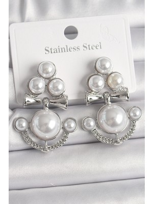 Krm Pirinç Gümüş Renk Sallantı Incili Çapa Model Kadın Küpe Krm