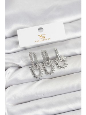 Krm Pirinç Gümüş Renk Zirkon Taşlı Vintage Model Ysx Trio Küpe Seti Krm