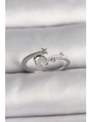 Krm Pirinç Gümüş Renk Zirkon Taşlı Beyaz Mineli Yıldız Detay Ayarlanabilir Kadın Yüzük Kr