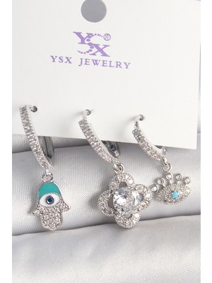 Krm Pirinç Gümüş Renk Zirkon Taşlı Fatma Ana Yonca Figür Göz Detay 3'lü Kadın Kombin Küpe