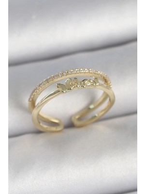 Krm Pirinç Gold Renk 2'li Sıra Zirkon Taş Detaylı Kelebek Figürlü Ayarlanabilir Model Kadın Y