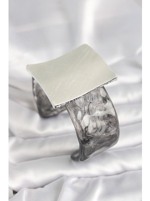 Krm Siyah Mermer Desen Akrilik Plastik Gümüş Kare Plaka Model Vintage Kadın Bilezik Krm