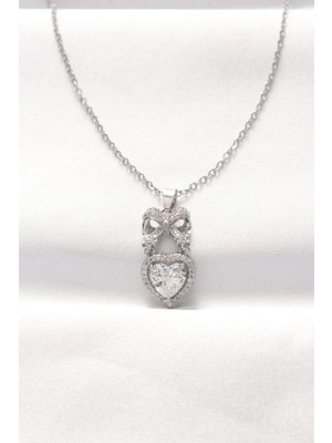 Krm 316L Çelik Silver Renk Zirkon Taşlı Kalpli Fiyonk Kolye Krm