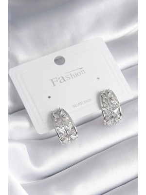 Krm Pirinç Gümüş Renk Zirkon Taşlı Kadın Küpe Krm