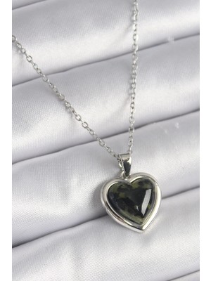 Krm 316L Çelik Gümüş Renk Yeşil Mineli Kalp Model Kadın Kolye Krm