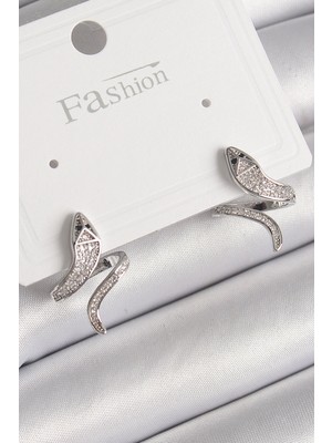 Krm Pirinç Gümüş Renk Zirkon Taşlı Yılan Model Kadın Küpe Krm