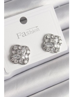 Krm Pirinç Gümüş Renk Zirkon Taşlı Yonca Model Kadın Küpe Krm