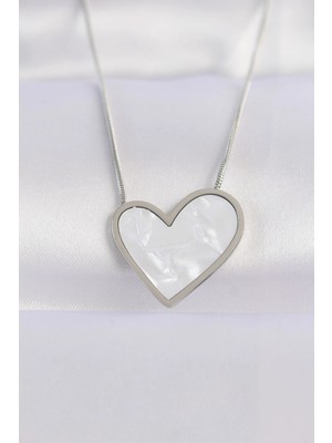 Krm 316L Çelik Zincir Gümüş Renk Mermer Desenli Kalp Kolye Krm