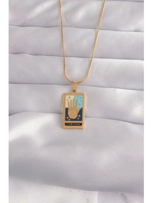 Krm 316L Çelik Gold Renk Karışık Mineli El Figür Tarot Kolye Krm