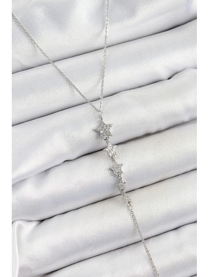 Krm Pirinç Zirkon Taşlı Sıralı Yıldız Figürlü Y Model Gümüş Renk Kadın Kolye Krm