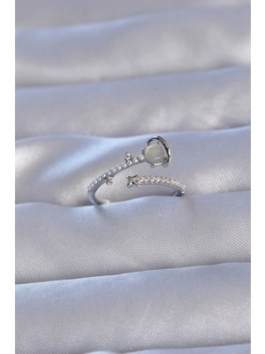 Krm Pirinç Gümüş Renk Zirkon Taşlı Incili Satürn Model Ayarlanabilir Yüzük Krm