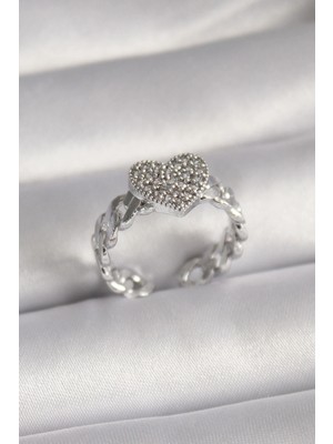 Krm Pirinç Gümüş Renk Zirkon Taşlı Kalp Model Kadın Yüzük Krm