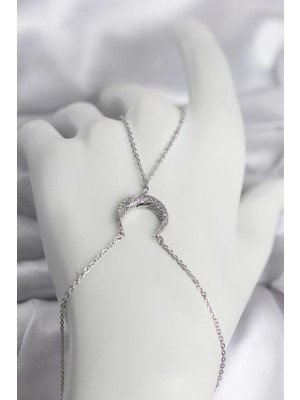 Uravas Store Pirinç Gümüş Renk Hilal Model Zirkon Taşlı Kadın Şahmeran