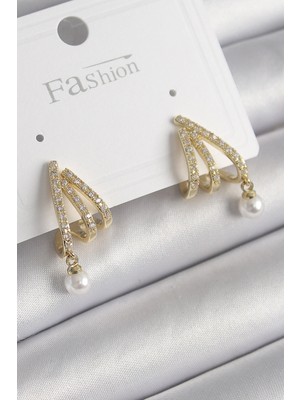 Krm Pirinç Gold Renk Zirkon Taşlı Pençe Model Inci Detay Kadın Küpe Krm