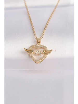 Krm 316L Çelik Zincir Altın Renk Zirkon Taşlı Kanatlı Kalp Kolye Krm