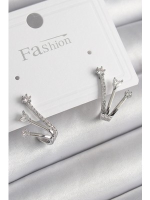 Krm Pirinç Gümüş Renk Zirkon Taşlı Kadın Küpe Krm