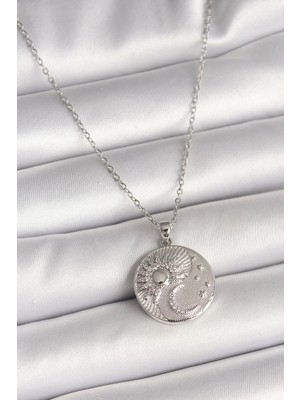 Krm 316L Çelik Gümüş Renk Zincir Zirkon Taşlı Ay Güneş Işlemeli Madalyon Model Kadın Koly