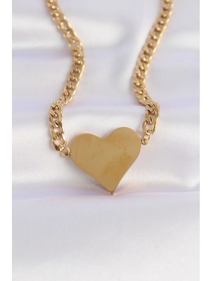 Krm 316L Çelik Zincir Altın Renk Düz Plaka Kalp Kolye Krm