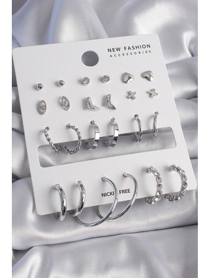 Krm Pirinç Gümüş Renk 12 Çift Kadın Küpe Seti Krm