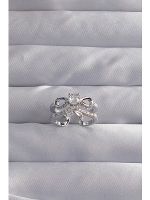 Krm Pirinç Ayarlamalı Gümüş Renk Zirkon Taşlı 2li Görünüm Fiyonk Yüzük Krm