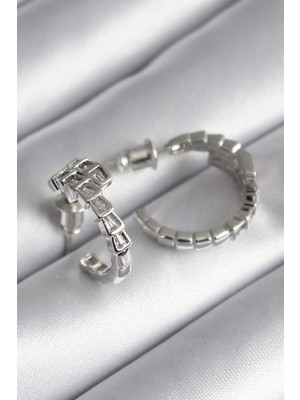 Krm Pirinç Gümüş Renk Zirkon Taşlı Yılan Model Kadın Küpe Krm