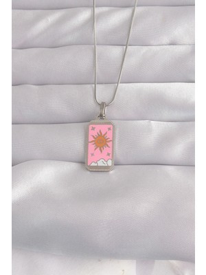 Krm 316L Çelik Gümüş Renk Pembe Mineli Güneş Model Tarot Kolye Krm