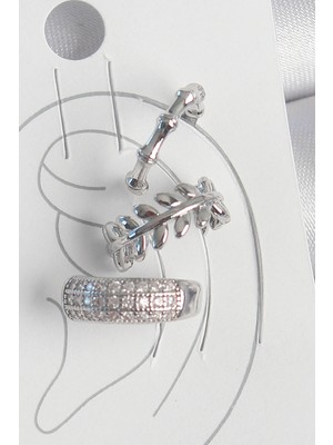 Krm Pirinç Gümüş Renk Zirkon Taşlı 3'lü Model Yaprak Figür Kadın Kıkırdak Küpe Krm