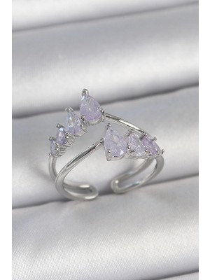 Krm Pirinç Gümüş Renk Mor Damla Zirkon Taşlı Taç Model Kadın Yüzük Krm