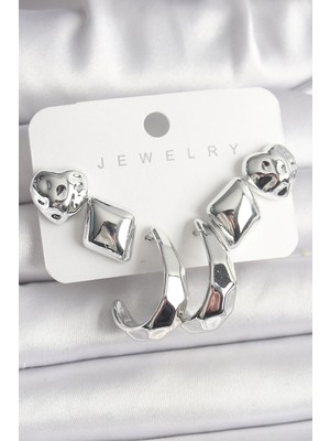 Krm Gümüş Renk Kalp Halka Figür Ccb Plastik Kadın Küpe Seti Krm