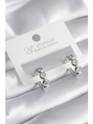 Krm Pirinç Gümüş Renk Zirkon Taşlı Kadın Küpe Krm