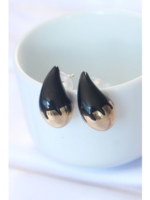 Krm Minimal Siyah Mineli Çift Renk Damla Küpe Krm