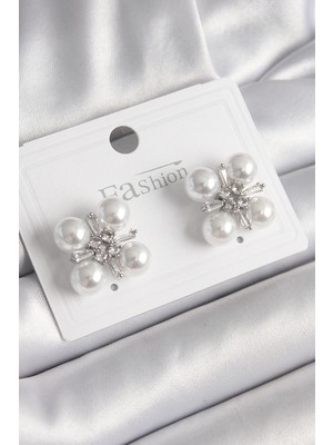 Krm Pirinç Gümüş Renk Zirkon Taşlı Incili Kadın Küpe Krm