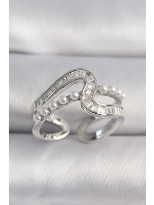 Krm Pirinç Gümüş Renk Zirkon Taşlı Inci Detay Vıp Seri Kadın Yüzük Krm