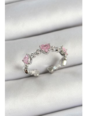 Krm Pirinç Sıralı Kalp Figürlü Zirkon Taşlı Gümüş Renk Ayarlanabilir Kadın Yüzük Krm