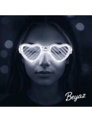 Krm Beyaz LED Işıklı Kalp Gözlük – 3 Modlu Parti - Glow Gözlüğü (5047) Krm